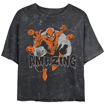 Juniors' Marvel Spider-Man Amazing Halloween Cropped Graphic Tee