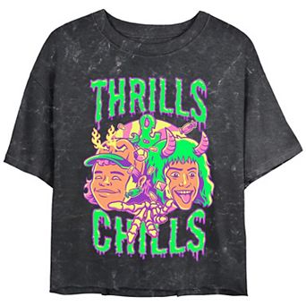 Juniors' Stranger Things Thrills And Chills Drip Cropped Graphic Tee
