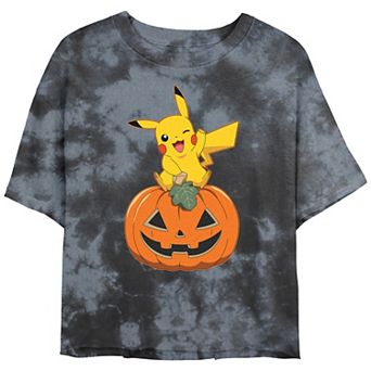 Juniors' Pokemon Pikachu Sitting On Pumpkin Cropped Graphic Tee