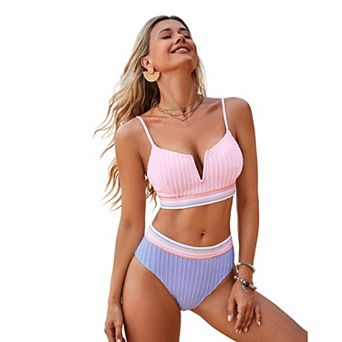 Women's Cupshe Pink V-Wire Bikini Top & Purple High-Rise Bottoms Set