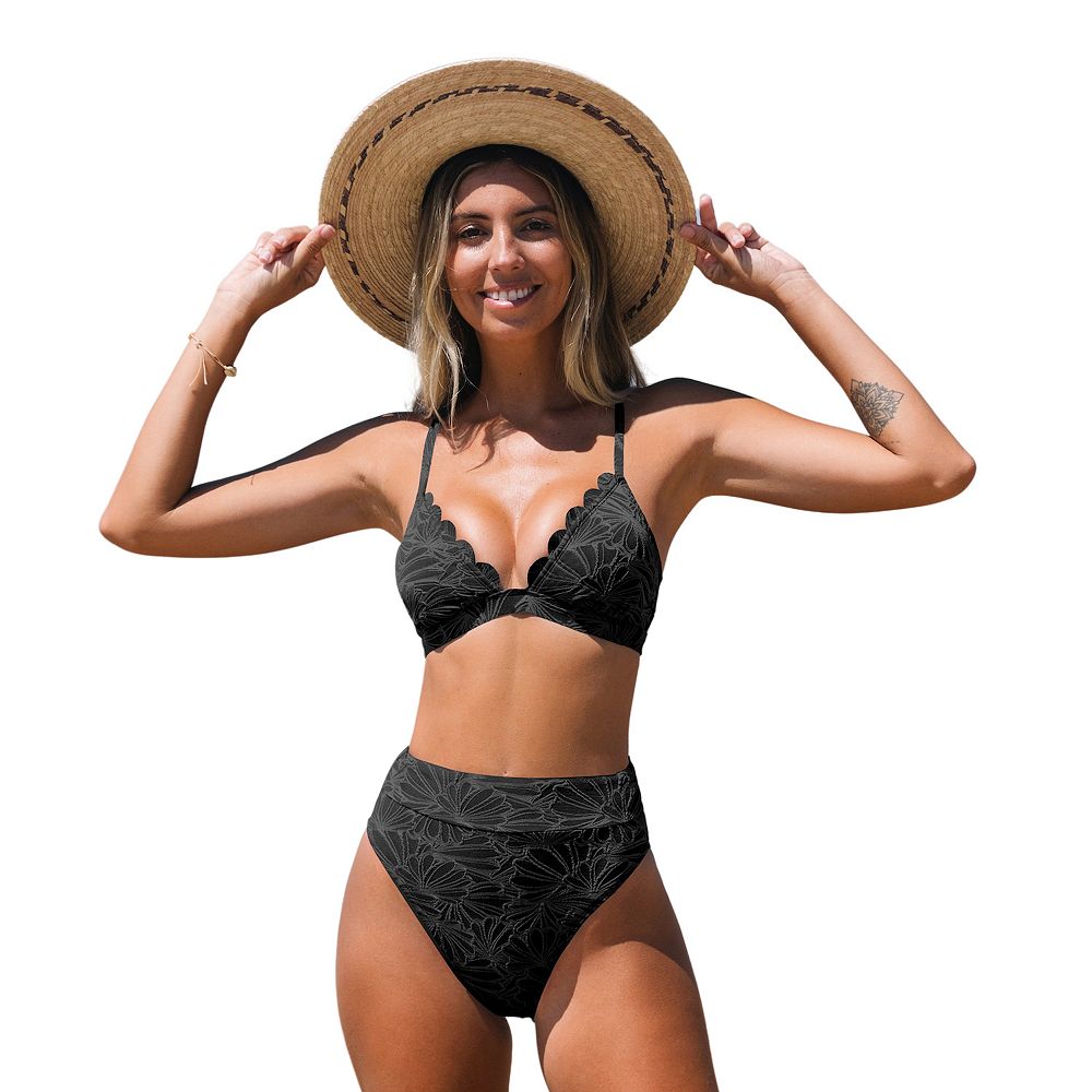 CUPSHE/Black Floral Jacquard Scalloped ビキニセット Women's Cupshe Black Floral Jacquard Scalloped Bralette