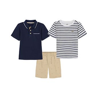 Toddler Boy Kids Headquarters 3 pc Tipped Polo, Striped T-Shirt & Twill Shorts Set