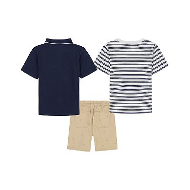 Toddler Boy Kids Headquarters 3-pc. Tipped Polo, Striped T-Shirt & Twill Shorts Set