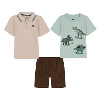 Baby & Toddler Boy Kids Headquarters 3 pc Tipped Polo, Dinosaur Graphic Tee & Twill Cargo Shorts Set