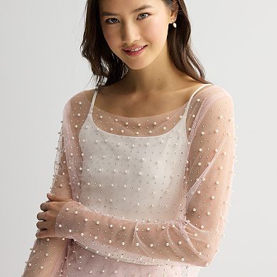 Juniors' Harper & Ivy Long Sleeve Mesh Top With Pearls And Rhinestones