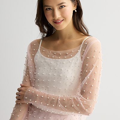 Juniors' Harper & Ivy Long Sleeve Mesh Top With Pearls And Juniors' Harper & Ivy Long Sleeve Mesh Top With Pearls And