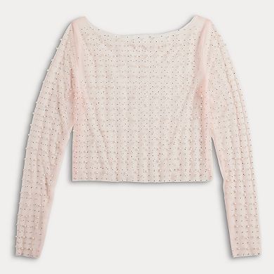 Juniors' Harper & Ivy Long Sleeve Mesh Top With Pearls And Rhinestones