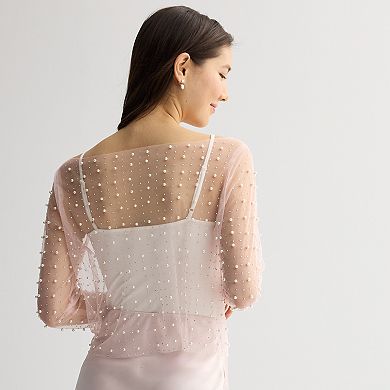 Juniors' Harper & Ivy Long Sleeve Mesh Top With Pearls And Rhinestones