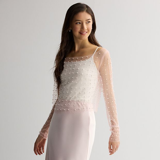 Juniors' Harper & Ivy Long Sleeve Mesh Top With Pearls And