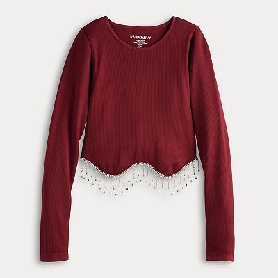 Juniors' Harper Ivy Rhinestone Fringe Long Sleeve Cropped Top
