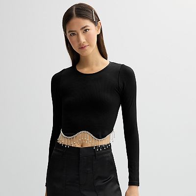 Juniors' Harper Ivy Rhinestone Fringe Long Sleeve Cropped Top