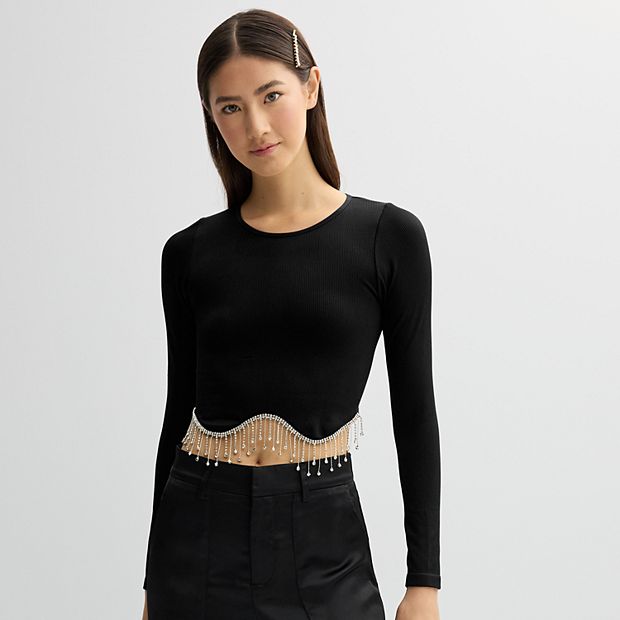 Juniors' Harper & Ivy Rhinestone Fringe Long Sleeve Cropped Top