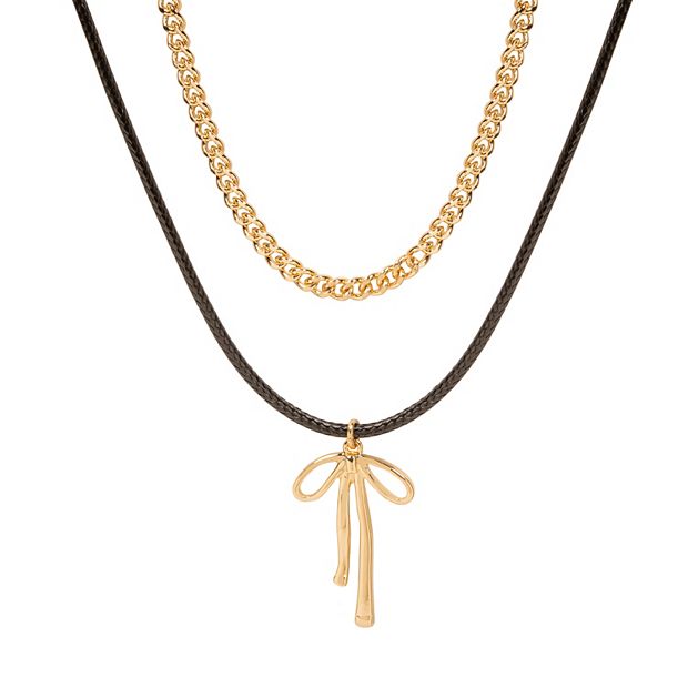 Emberly Gold Tone Chain Bow Pendant Double Strand Choker Necklace