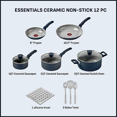 T-Fal Essentials 12-Piece Non-Stick Ceramic Pots & Pans Cookware Set