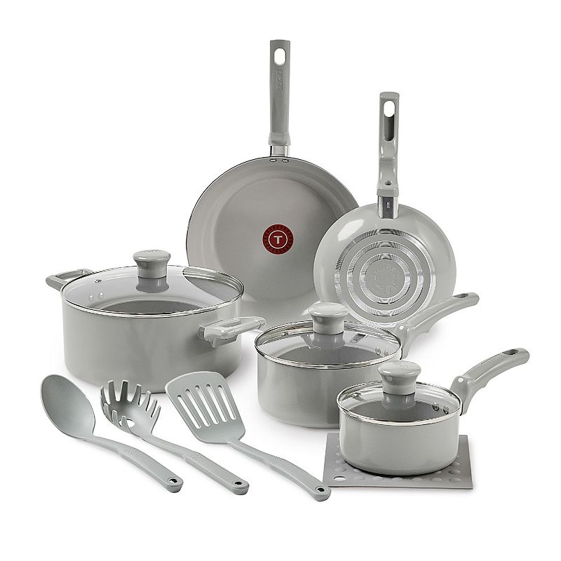 T-Fal Essentials 12-Piece Non-Stick Ceramic Pots & Pans Cookware Set, Gray