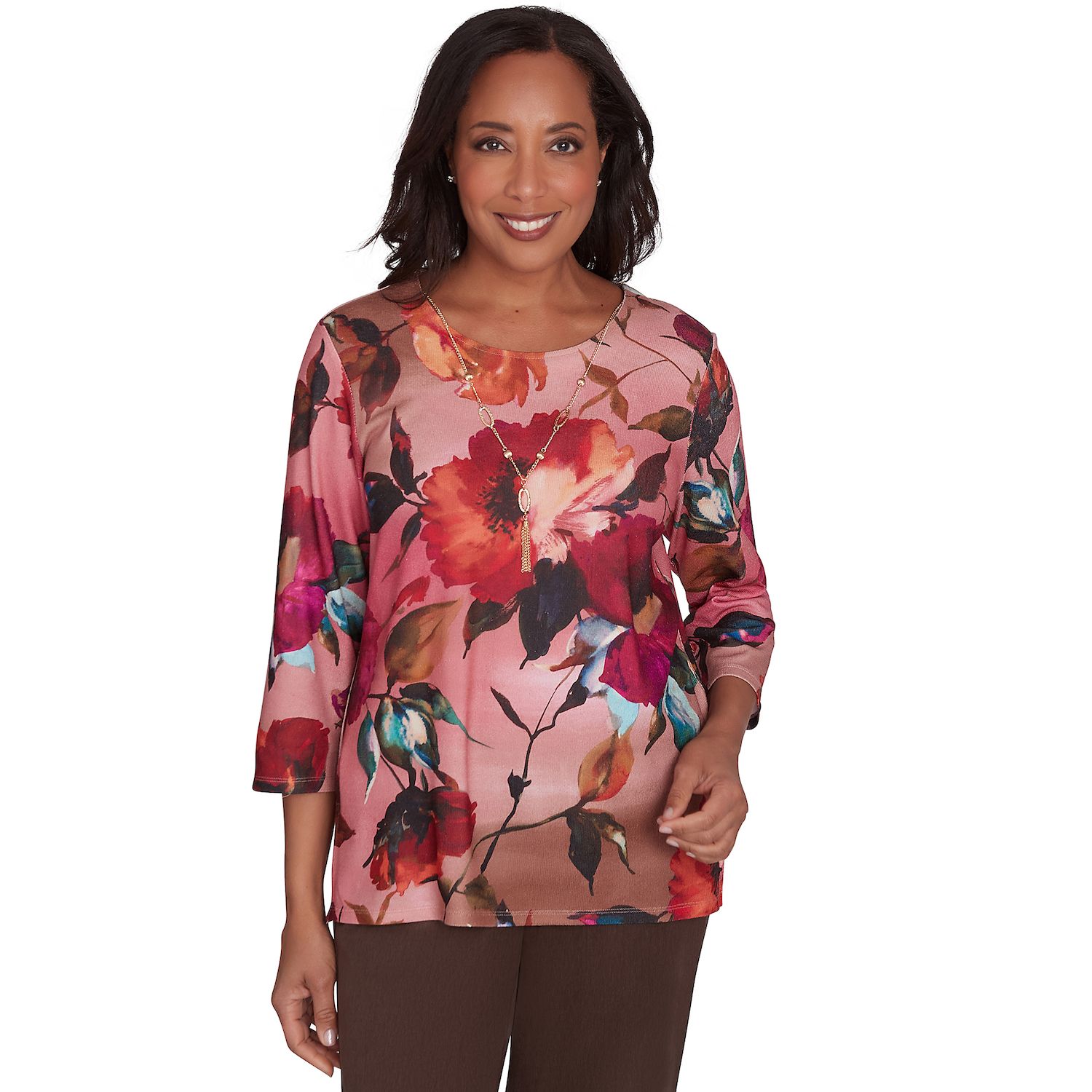 Haut Femme Alfred Dunner Taille 22W Noir à Fleurs – Manches Courtes En Polyester