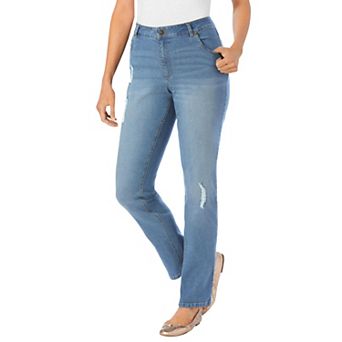 Woman Within Plus Size Petite Straight-Leg Stretch Denim Five-Pocket Jeans