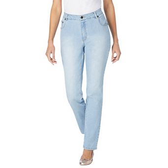 Woman Within Plus Size Petite Straight-Leg Stretch Denim Five-Pocket Jeans
