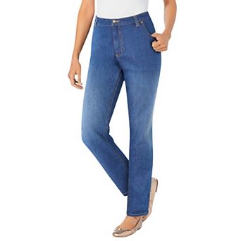 Woman Within Plus Size Petite Straight-Leg Stretch Denim Five-Pocket Jeans