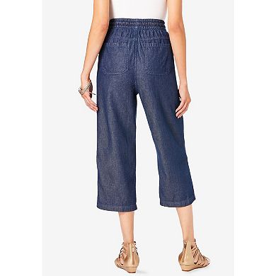 Roaman's Women's Plus Size Chambray Wide Leg Capri Pant