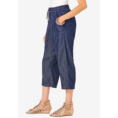 Roaman's Women's Plus Size Chambray Wide Leg Capri Pant