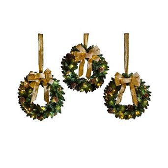 BrylaneHome Set Of 3 Cordless Pre-Lit Mini Christmas Wreaths