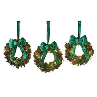 BrylaneHome Set Of 3 Cordless Pre-Lit Mini Christmas Wreaths
