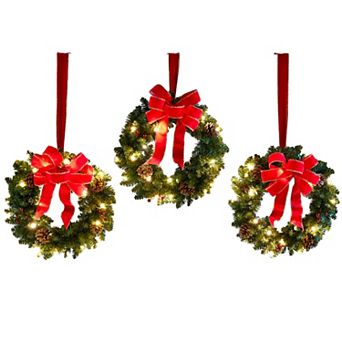 BrylaneHome Set Of 3 Cordless Pre-Lit Mini Christmas Wreaths