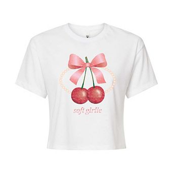Juniors' Soft Girlie Cherries Cropped Tee
