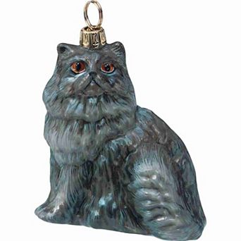 Joy To The World Sitting Blue Colored Persian Cat Polish Glass Christmas Ornament Decoration New