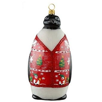 Joy To The World Penguin In Ugly Christmas Sweater Polish Glass Christmas Ornament