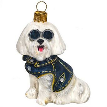 Joy To The World Maltese With Denim Jacket And Sunglasses Polish Glass Dog Ornament