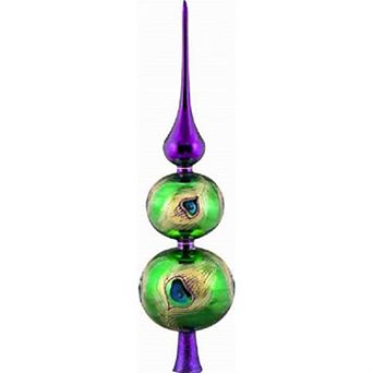 Joy To The World Peacock Finial Polish Glass Christmas Tree Topper 16 Inch