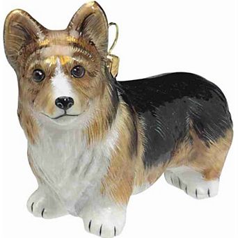 Joy To The World Tri Color Pembroke Welsh Corgi Dog Polish Blown Glass Christmas Ornament