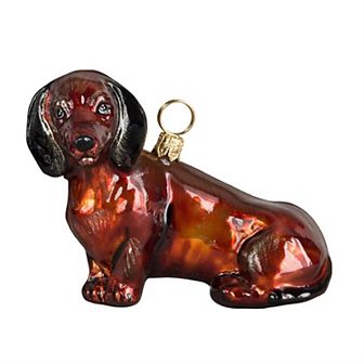 Joy To The World Red Dachshund Sitting Dog Polish Blown Glass Christmas Ornament