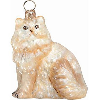 Joy To The World Sitting Cream Colored Persian Cat Polish Glass Christmas Ornament Decoration New