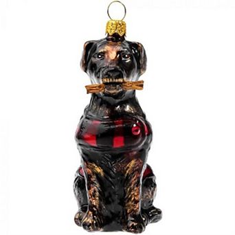 Joy To The World Chocolate Labrador Retriever In Buffalo Check Coat Polish Glass Ornament