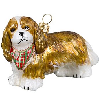 Joy To The World Blenheim Cavalier King Charles Spaniel With Tartan Bandana Polish Glass Ornament