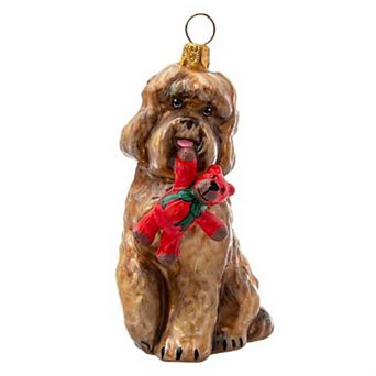 Joy To The World Labradoodle With Red And Green Teddy Bear Polish Glass Ornament