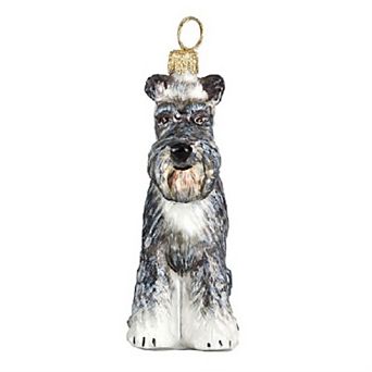 Joy To The World Gray Schnauzer With Floppy Ears Dog Polish Blown Glass Christmas Ornament