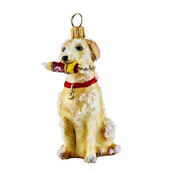 Joy To The World Snowy Labrador With Buoy Sitting Dog Polish Blown Glass Christmas Ornament