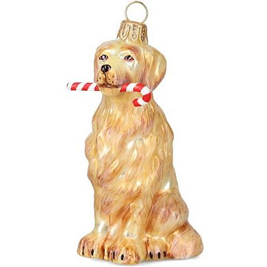 Joy To The World Golden Retriever With Candy Cane In Mouth Polish Glass Ornament