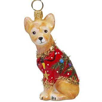 Joy To The World Diva Dog Chihuahua Wearing Ugly Christmas Sweater Polish Glass Ornament Dog