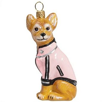 Joy To The World Chihuahua In Pink Motorcycle Jacket Polish Glass Dog Ornament