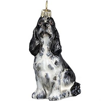 Joy To The World Black And White Springer Spaniel Dog Sitting Polish Glass Christmas Ornament