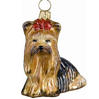 Joy To The World Sitting Yorkshire Terrier Dog With Bow Polish Glass Christmas Tree Ornament