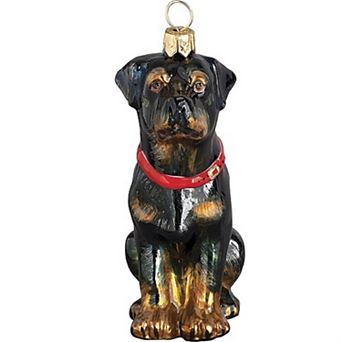 Joy To The World Rottweiler Dog Sitting Polish Blown Glass Christmas Ornament