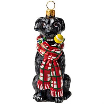 Joy To The World Black Lab With Bushy Scarf And Chew Toy Polish Glass Ornament