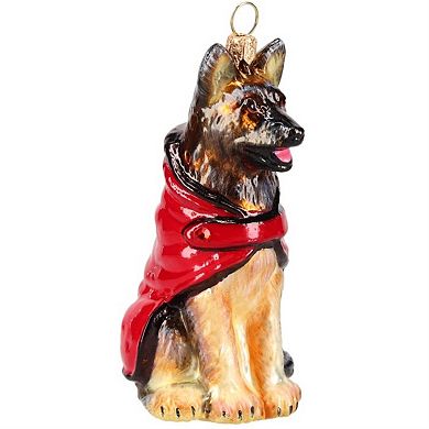 Joy To The World German Shepherd In Red & Black Jacket Polish Glass Ornament