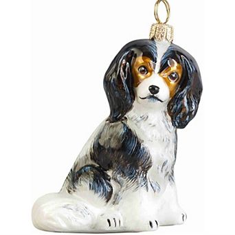 Joy To The World Sitting Tri Color Cavalier King Charles Spaniel Polish Glass Christmas Ornament